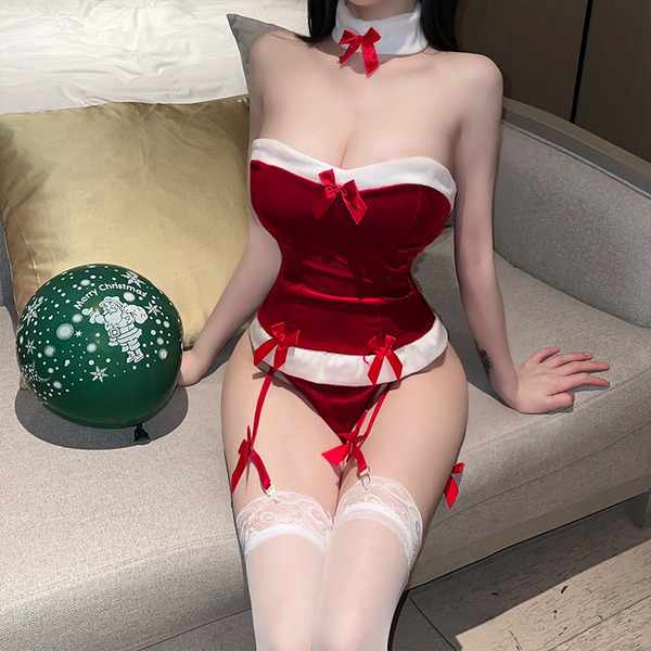 Sexy Christmas Bunny Costume for Women - Seductive Holiday Lingerie Set, No-Remove Role Play Outfit - Headband + choker + top + thong + garter belt [stockings not included]