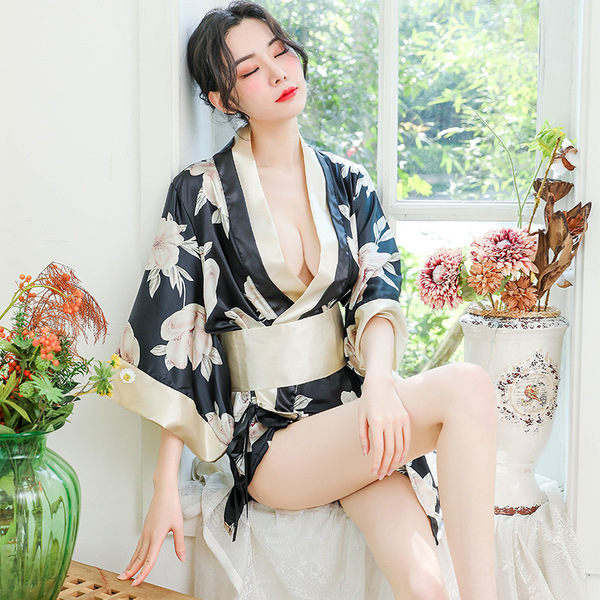 Xiucisha Kimono-Style Seductive Sleep Dress - Sexy Adult Costume Lingerie for Role Play & Intimate Nights - [Yellow Flower] Kimono jacket + T-shirt + belt