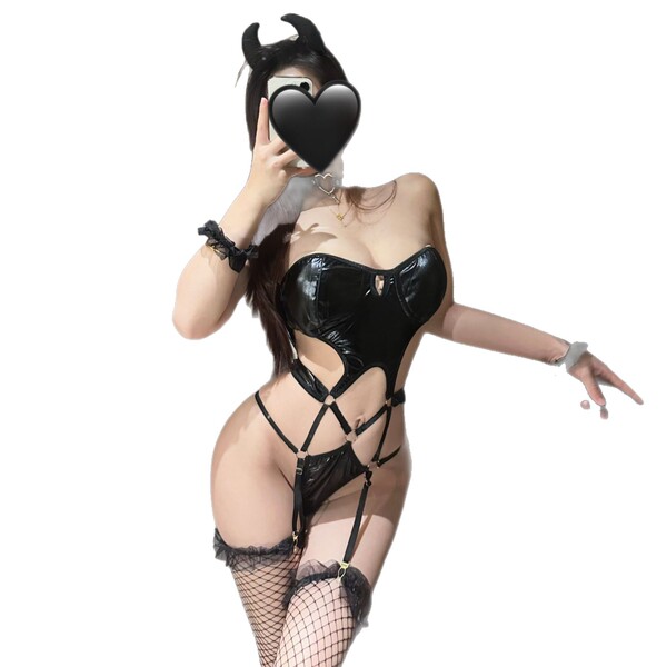 Genuine halloween sexy pvc bondage lingerie - pure temptation restrained style outfit featuring a glossy bodice, fishnet stoc...