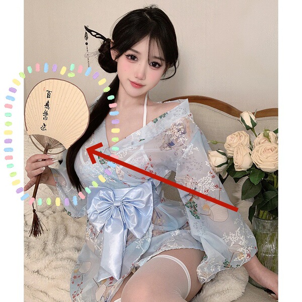 Sexy Plus Size Japanese Kimono Sleepwear Set - Flirty Lingerie Outfit for Bedroom Romance & Role Play - [Single Shot] Handwritten Folding Fan - No Taboos