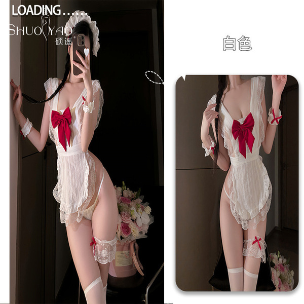 Sexy Maid Costume for Women - Lacy Cosplay Outfit with Bow, Ruffles & Pure-Temptation Design - White [headwear + apron + bracelets + leg rings + thong]