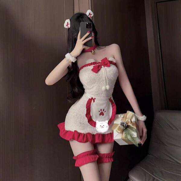 Sexy New Year Christmas Costume Lingerie Velvet Nightgown Role Play Outfit Set - 666 [Headpiece, strapless bra, bracelet, neck ring, leg ring]
