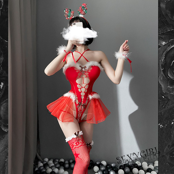 Shimeisha 2025 New Year Red Velvet Deer-Themed Lingerie Set – Sexy Mesh Bodysuit with Plush Antlers - 7436 [Headpiece + Bodysuit + Fishnet Stockings + Bracelets * 2]