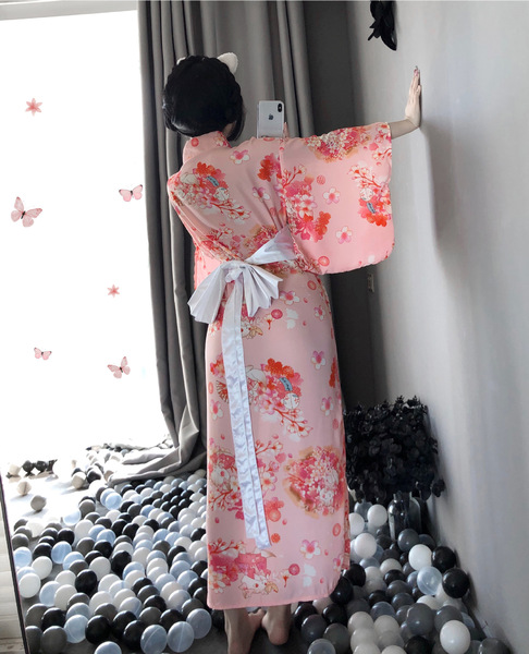 Japanese Kimono-Style Lingerie Set for Women – Long Cat Girl Sleepwear, Seductive & Elegant Nightwear - Image color (jacket + waist belt + thong) + (heart-shaped cat headband)