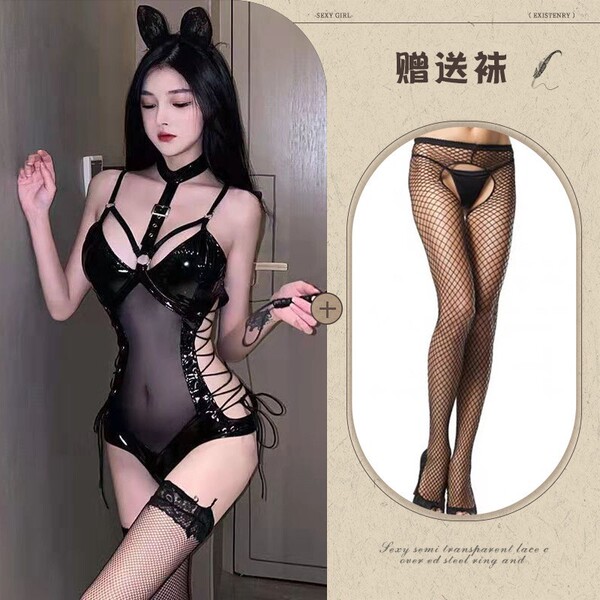 Sexy Queen Costume Set - PVC Bondage Lingerie Outfit with Transparent & Cute Playful Design - Image color + mid-mesh stockings