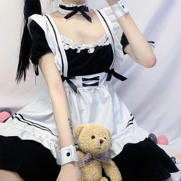 Japanese anime maid costume - cute sweet sexy cosplay dress for girls, lolita performance outfit featuring black and white ma...