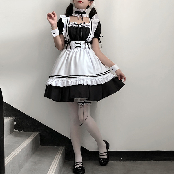 Japanese black and white maid dress for women, cute lolita cosplay costume, plus size kawaii uniform with ruffled skirt and b...