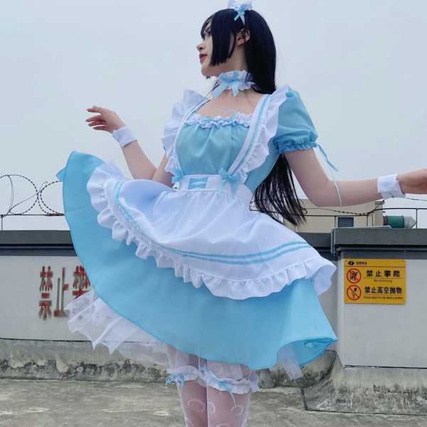 Japanese black and white maid dress for women, cute lolita cosplay costume, plus size kawaii servant outfit.