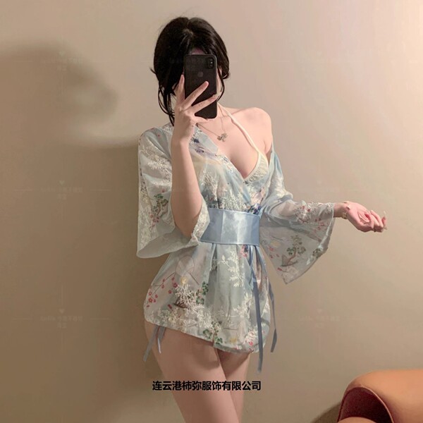 Japanese-inspired sensual lingerie set featuring a kimono-style design with floral patterns, perfect for intimate wear.