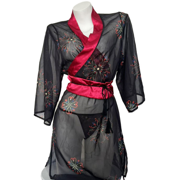 Black floral print japanese-inspired kimono lingerie set with red accents, featuring a sheer robe and matching sleepwear for ...
