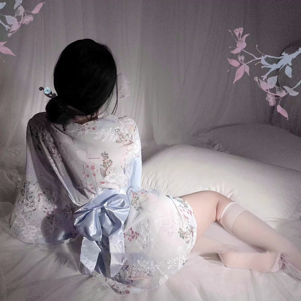 Japanese-inspired sheer kimono sleep dress with floral patterns, open front design, delicate fabric, perfect for women seekin...