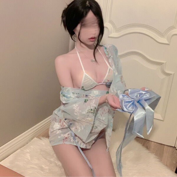 Japanese kimono-style embroidered lace sleepwear set - sheer sensual babydoll & thong lingerie featuring delicate floral patt...