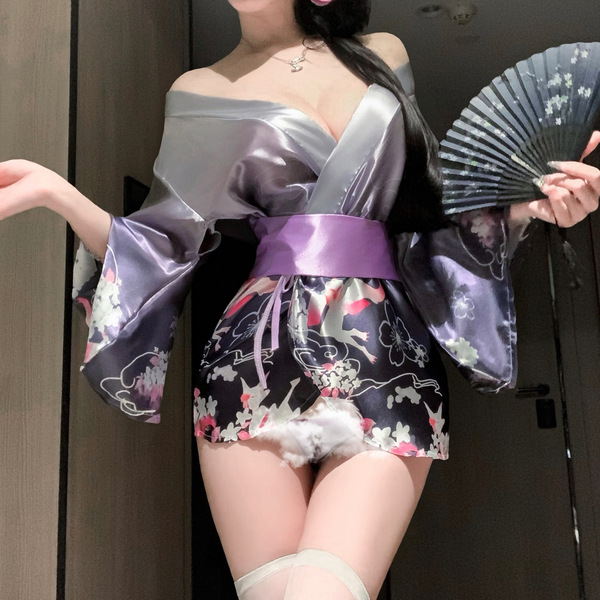 Japanese kimono lingerie set featuring a silky robe with floral patterns, perfect for role play and sleepwear.