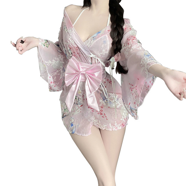 Japanese kimono-style lingerie set - sheer open robe with floral embroidery and butterfly-themed design