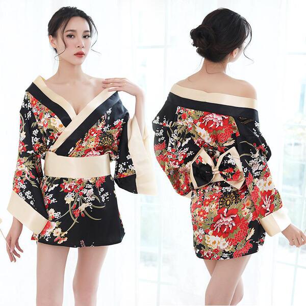 Japanese kimono-style sexy lingerie robe - playful adult costume sleepwear for women featuring vibrant floral patterns and el...