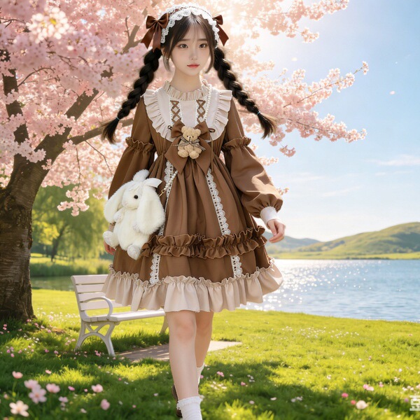 A girl in a cute japanese lolita dress stands by a cherry blossom tree, holding a plush rabbit. the dress features soft ruffl...