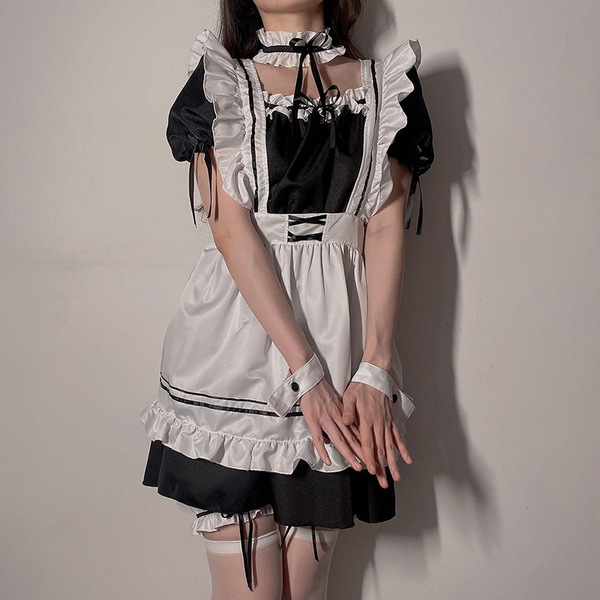 Japanese lolita maid costume for women - halloween cosplay dress & anime party outfit featuring ruffled sleeves, black and wh...