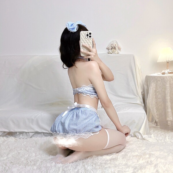 Japanese maid costume set featuring cute pastel blue lingerie with lace details, ties, and a detachable skirt.
