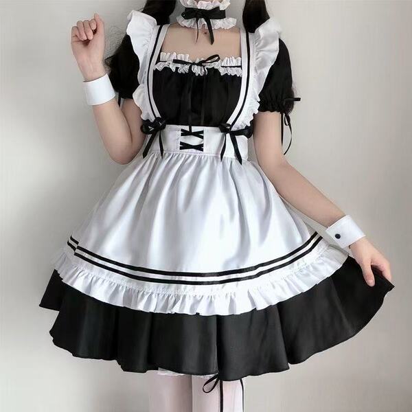 Japanese maid costume dress featuring black and white colors, cute lolita style with ruffles and bows, perfect for cosplay or...
