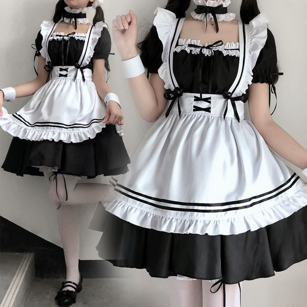 Japanese maid costume dress featuring black and white colors with ruffles, perfect for cosplay or daily wear. plus size frien...