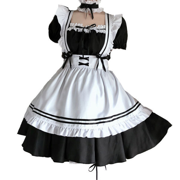 Japanese maid costume dress featuring black and white colors, cute anime lolita style with ruffled sleeves and skirt, perfect...