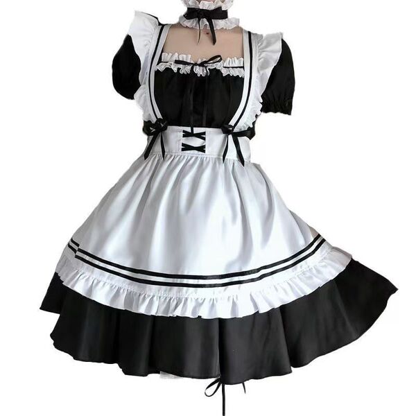 Japanese maid costume dress featuring black and white colors, cute anime schoolgirl design with ruffles and corset detail, pe...