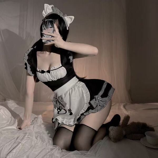 Japanese maid costume for women featuring cute cat ears, sweet lolita design with black and white checkered apron and bow acc...