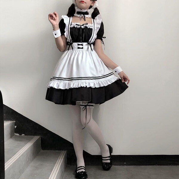Japanese maid dress cosplay outfit featuring cute anime lolita style with black and white colors, perfect for women seeking p...