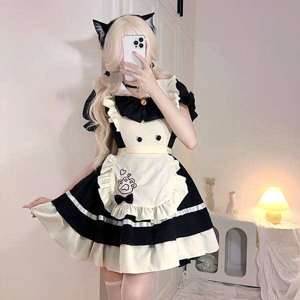 Japanese style plus size black white lace maid dress - lolita cosplay outfit set for women featuring cat ears and apron desig...