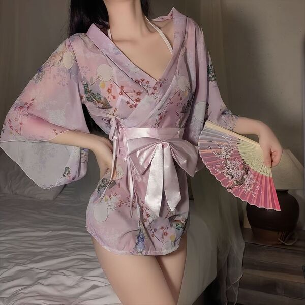 Japanese-style sexy lace kimono robe set - sheer chiffon three-piece outfit with floral print & hot uniform design