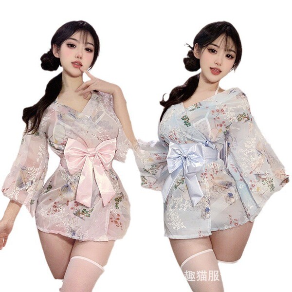 Japanese-style sexy lace kimono robe set with embroidery & bow detail - seductive sleepwear outfit featuring floral patterns ...