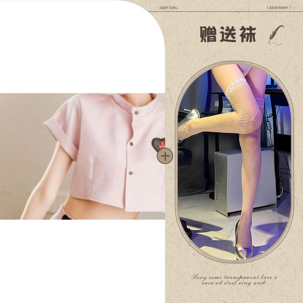 Sexy girl wearing pink sailor uniform skirt set with fishnet stockings and high heels, perfect for role play.