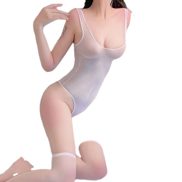 A woman poses wearing a sheer lace bodysuit, featuring a push-up design and open-crotch style, inspired by swimwear and sleep...