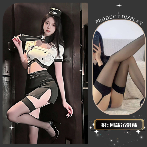 Golden Night Air Hostess Uniform Lingerie - Seductive Police-Themed Sexy Outfit, No-Remove Design - Delicate police officer* black + matching stockings