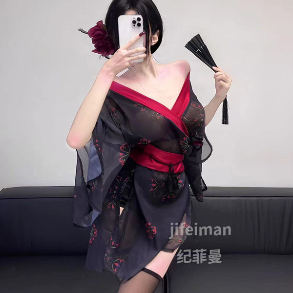 Jifeiman sexy lingerie set - japanese-style black kimono sleepwear, no-remove pure-yu outfit with floral print