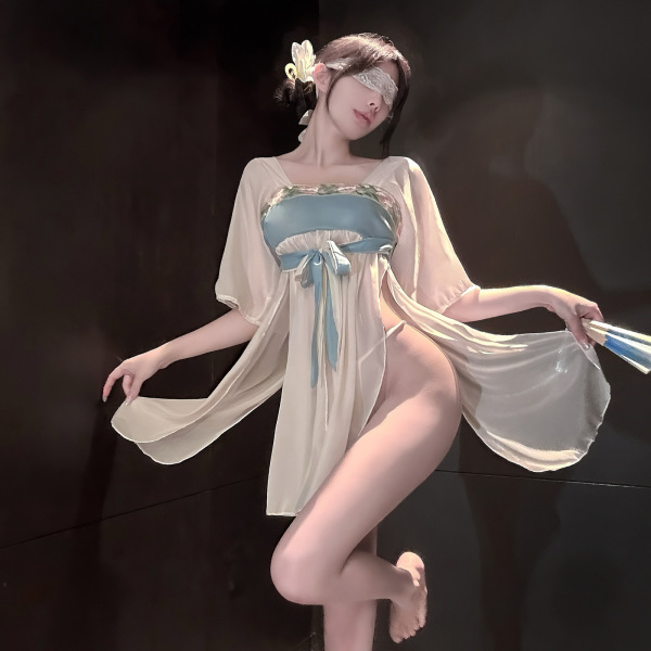 Woman wearing jinxiao lingerie set — elegant chinese-inspired silk babydoll & robe with sheer sleeves, blue sash, and floral ...