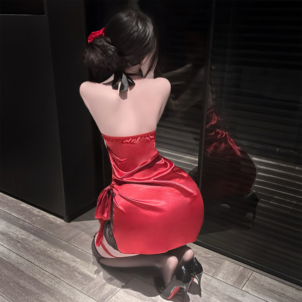 Woman in red satin dress with lace lingerie, black heels, and hair bow – jinxiao rose lace lingerie set with ties & beads.