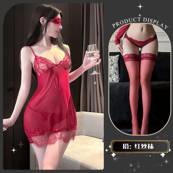 Golden Night Sexy Lingerie Set - Sheer Strapless Bra & Matching Briefs, Sensual Pure-Delight Outwear-Ready Design - Skirt Tears - [Red] + Red Stockings
