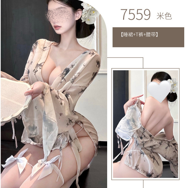 Women's Seductive Lace Kimono Set - Sheer Butterfly Print Sleepwear for Small Bust, Open-Front Sensual Lingerie - kimono