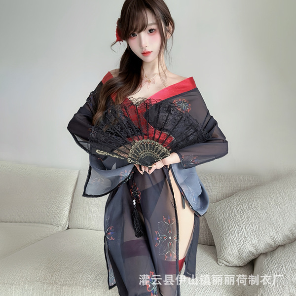 Japanese-Inspired Sexy Kimono Lingerie Set – Pure & Alluring No-Remove Sleepwear in Black A260 - Set [Kimono + Obeisette + T-shirt]