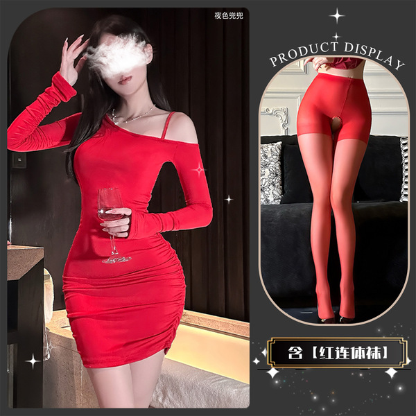 Chao Mu Sexy Lingerie Dress - Off-Shoulder Bodycon Party Dress with Side Waist Drawstring for New Year Eve Glamor - Beautiful kiss~ + red bodysuit