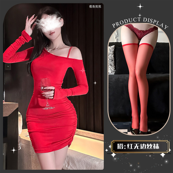 Chao Mu Sexy Lingerie Dress - Off-Shoulder Bodycon Party Dress with Side Waist Drawstring for New Year Eve Glamor - Beautiful kiss~ + red stockings
