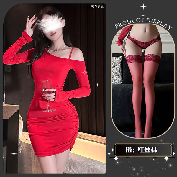 Chao Mu Sexy Lingerie Dress - Off-Shoulder Bodycon Party Dress with Side Waist Drawstring for New Year Eve Glamor - Beautiful kiss + red stockings