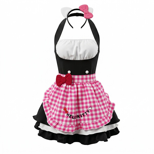 Kitty cat maid costume set - cute sexy lingerie outfit, sweet & sensual pure-delight themed dress with pink checkered apron a...