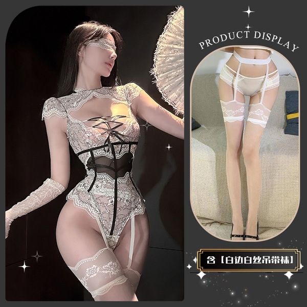 Chaomu Seductive Lace Bodysuit with Sheer Mesh & Adjustable Straps - Sexy Women's Erotic Lingerie Set - Bundled up, white, matching socks, blindfold, gloves