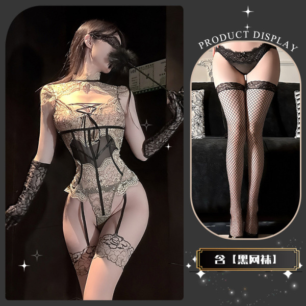 Seductive Lace Bondage Bodysuit - Sheer Temptation Lingerie with Insertable Design & Matching Thigh-Highs - Bundled up, trembling, brown, black fishnet stockings, blindfold, gloves