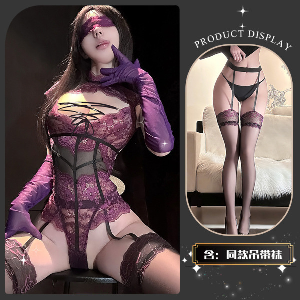 Seductive Lace Bondage Bodysuit - Sheer Temptation Lingerie with Insertable Design & Matching Thigh-Highs - Bundled with purple socks