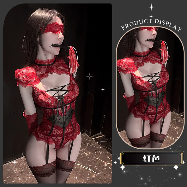 Chaomu Seductive Lace Bodysuit with Sheer Mesh & Adjustable Straps - Sexy Women's Erotic Lingerie Set - Red bodysuit with straps