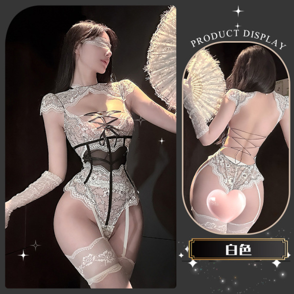 Seductive Lace Bondage Bodysuit - Sheer Temptation Lingerie with Insertable Design & Matching Thigh-Highs - White [Bound and trembling bodysuit]
