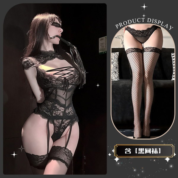 Chaomu Seductive Lace Bodysuit with Sheer Mesh & Adjustable Straps - Sexy Women's Erotic Lingerie Set - Black fishnet stockings